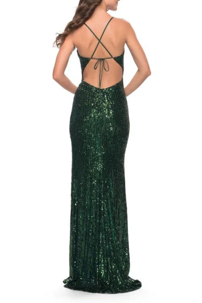 La Femme Sequin Gown With V-neck And Open Back