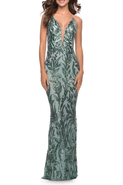 La Femme Deep V Print Sequin Gown