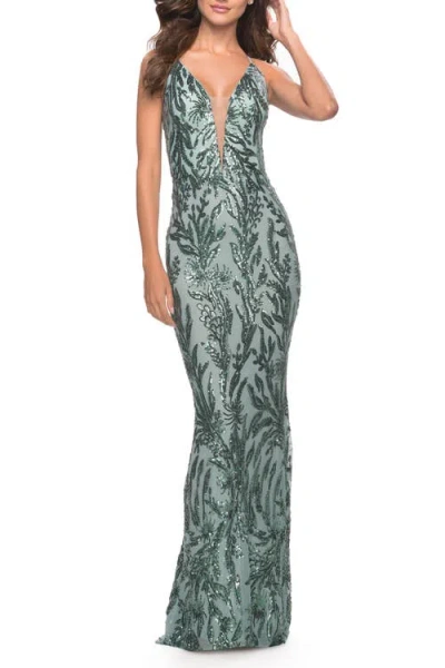 La Femme Deep V Print Sequin Gown