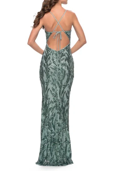 La Femme Deep V Print Sequin Gown