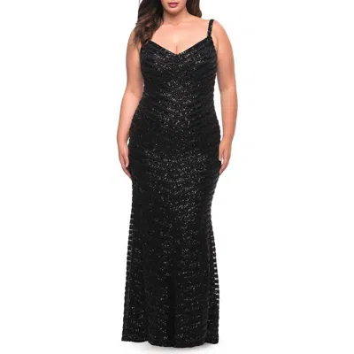 La Femme Thick Line Sequin Print Plus Size Gown With V-neck