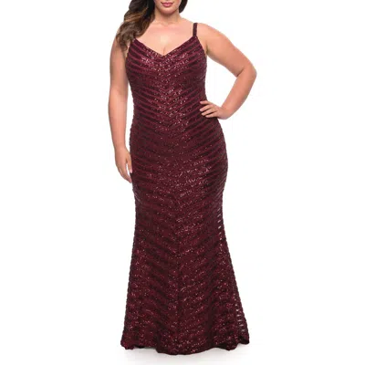 La Femme Thick Line Sequin Print Plus Size Gown With V-neck