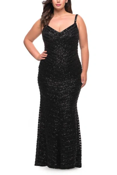 La Femme Thick Line Sequin Print Plus Size Gown With V-neck