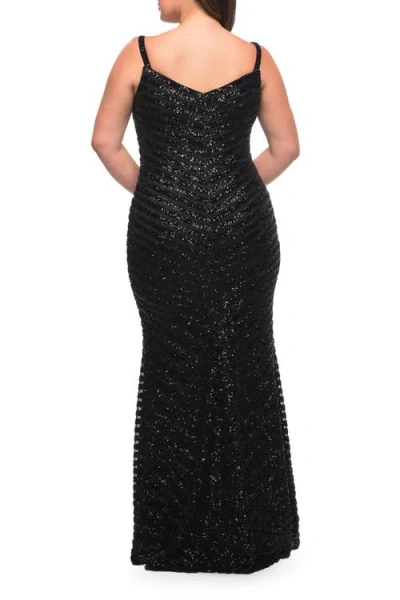 La Femme Thick Line Sequin Print Plus Size Gown With V-neck
