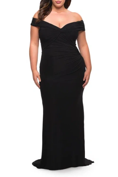 La Femme Long Net Jersey Plus Dress With Bodice Design