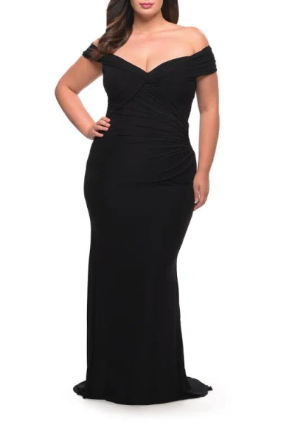 La Femme Long Net Jersey Plus Dress With Bodice Design