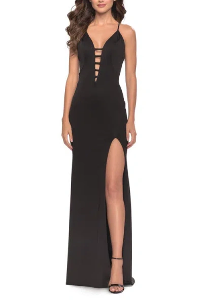 La Femme Fitted Matte Jersey Gown With Unique Deep V Neckline