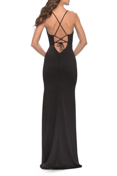 La Femme Fitted Matte Jersey Gown With Unique Deep V Neckline