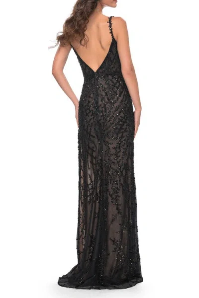 La Femme Beaded Gown With Intricate Design And V Neckline