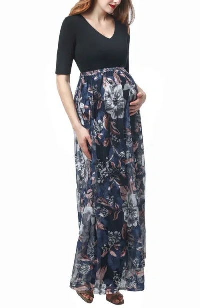 Kimi & Kai Annabelle V-neck Mesh Print Maternity Maxi Dress
