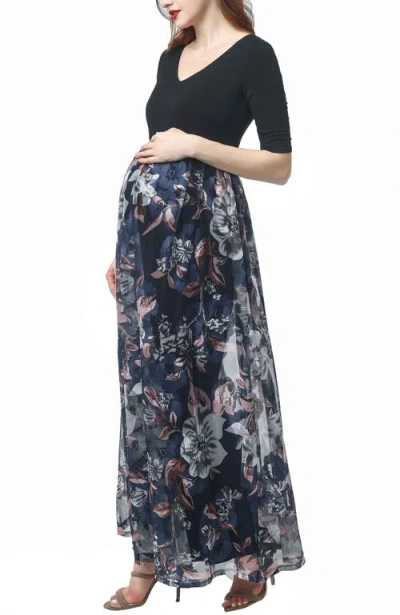 Kimi & Kai Annabelle V-neck Mesh Print Maternity Maxi Dress