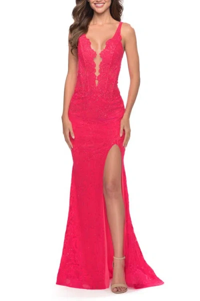 La Femme Stretch Lace Gown With Slit And Open Keyhole Back