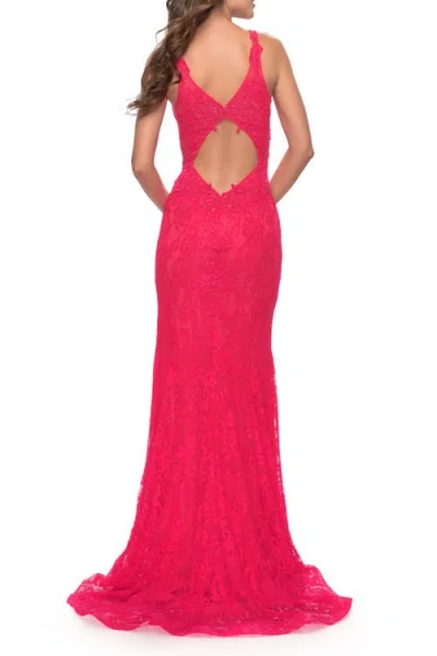 La Femme Stretch Lace Gown With Slit And Open Keyhole Back