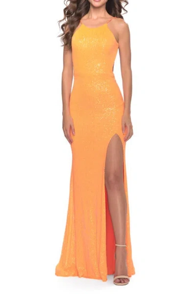 La Femme High Neck Long Sequin Gown With Open Back