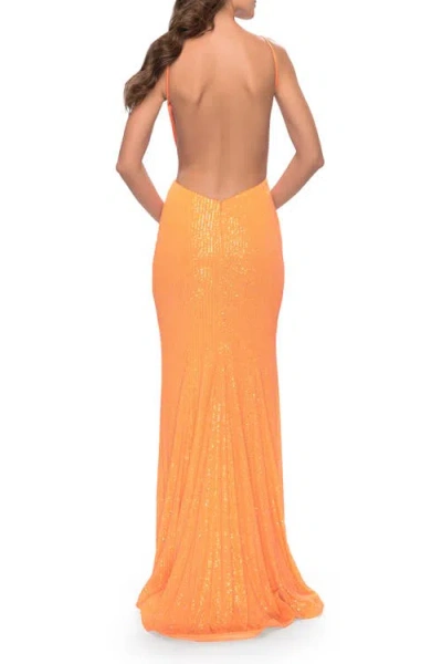 La Femme High Neck Long Sequin Gown With Open Back