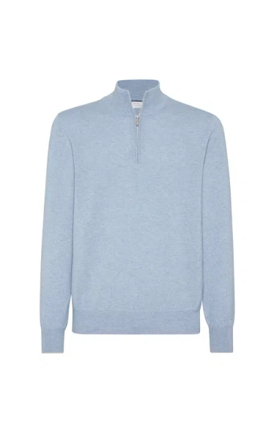 Brunello Cucinelli Classy High Collar Cashmere Sweater In Blue