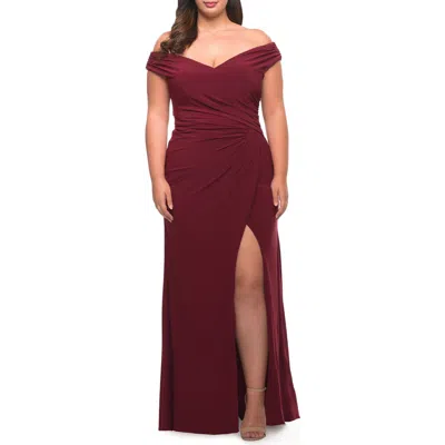 La Femme Matte Jersey Long Plus Dress With Ruching And Slit