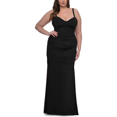 La Femme Corset Net Jersey Plus Size Dress With V-neck