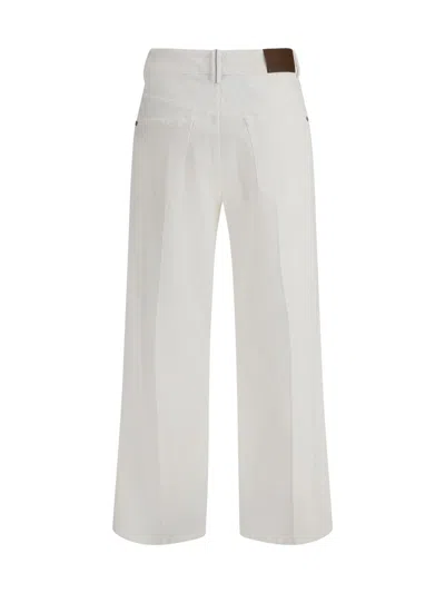 Brunello Cucinelli White Jeans With Wide Leg And Monil Detail On The Rear In Denim Woman In White