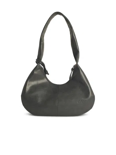 Ganni Black Leather Hobo Medium Shoulder Bag In Black