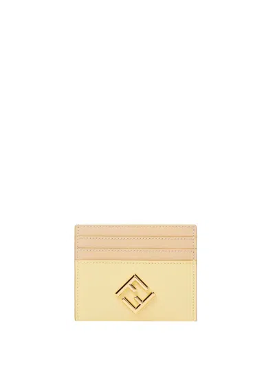 Fendi Yellow And Beige Leather Flat Card Holder