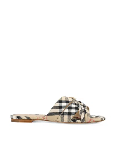 Burberry Beige Check Cabana Slides In Gold