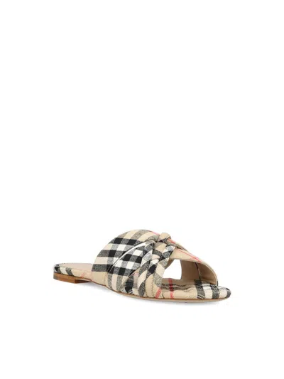 Burberry Beige Check Cabana Slides In Gold