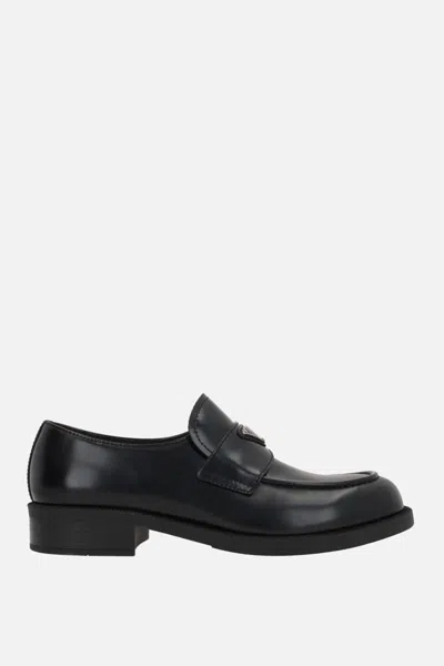 Prada Triangle Logo Chocolate Brushed Leather Loafers