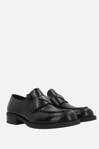 Prada Triangle Logo Chocolate Brushed Leather Loafers