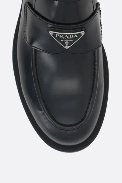 Prada Triangle Logo Chocolate Brushed Leather Loafers