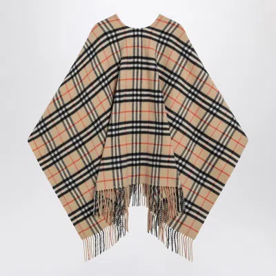 Burberry Charlotte Cape With Plaid Pattern And Fringe In Neutral