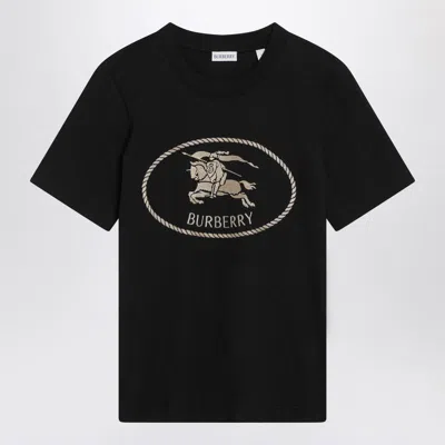 Burberry Black Crewneck T-shirt With Logo Embroidery On The Front In Cotton Woman