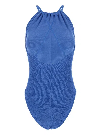Hunza G Portia Blue Swimsuit With Criss-crossed Straps On The Rear In Tech Fabric Woman In Blue