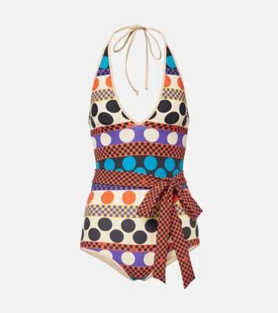 Valentino Lycra One-piece Swimsuit With Opticool Riga Pois Print Woman Multicolour S In Brown