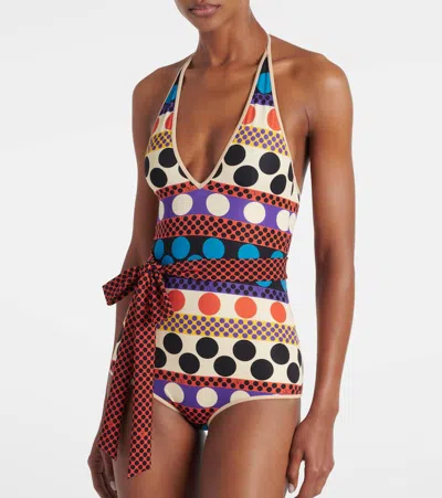 Valentino Lycra One-piece Swimsuit With Opticool Riga Pois Print Woman Multicolour S In Brown