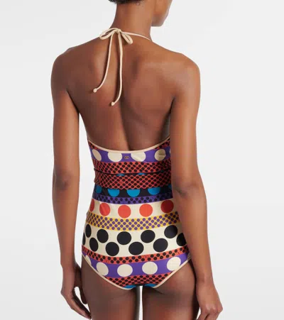 Valentino Lycra One-piece Swimsuit With Opticool Riga Pois Print Woman Multicolour S In Brown