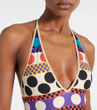 Valentino Lycra One-piece Swimsuit With Opticool Riga Pois Print Woman Multicolour S In Brown