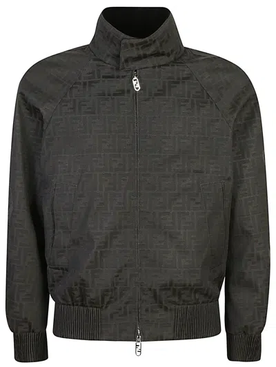 Fendi Men Black Jacket With High Neck And All-over Ff Motif In Tech Fabric Man