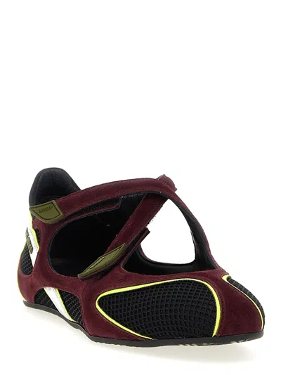 Attico Nomad Bordeaux Ballet Shoes With Criss-crossed Straps And Mesh Panels In Tech Fabric And Suede Woman In Black