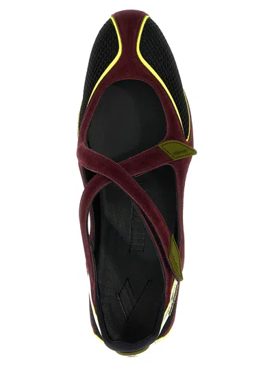 Attico Nomad Bordeaux Ballet Shoes With Criss-crossed Straps And Mesh Panels In Tech Fabric And Suede Woman In Black