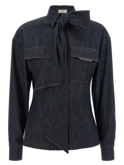 Brunello Cucinelli Long-sleeved Denim Shirt With Bow