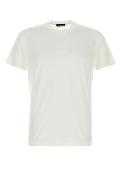 Tom Ford White Crewneck T-shirt With Tf Embroidery In Lyocell And Cotton Blend Man