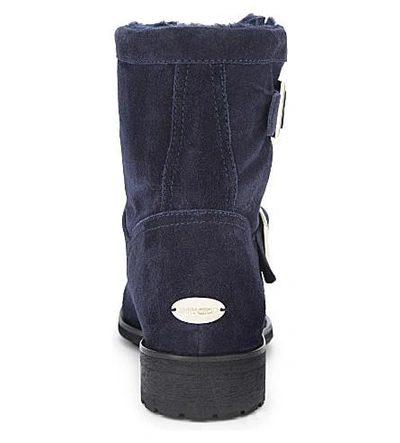 Shop Jimmy Choo Youth Suede And Shearling Biker Boots In Navy