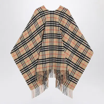 Burberry Charlotte Cape With Plaid Pattern And Fringe In Neutral