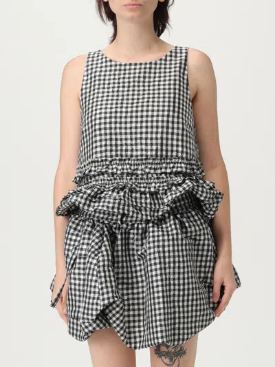Ganni Crinkled Taffeta Check Open Back Frill Top