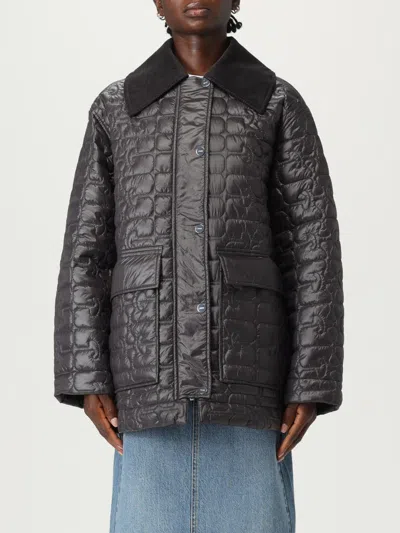 Ganni Shiny Black Quilted Midi Jacket With Pointed Collar