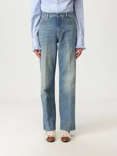 Valentino Checkered Detail Denim Trousers In Blue