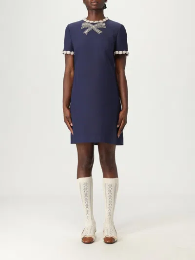 Valentino Garavani Wool And Silk Embroidered Dress In Blue