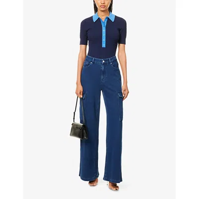 Good American Womens Midnight002 Cable-knit Polo-collar Knitted Bodysuit Xl In Blue