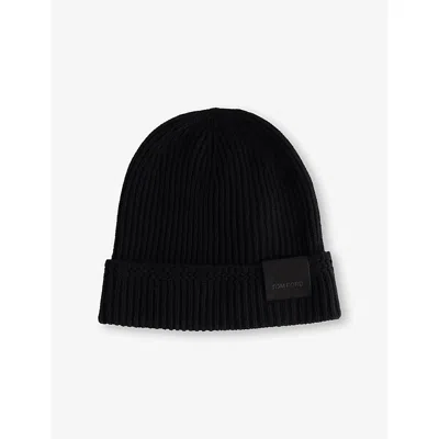 Tom Ford Mens Black Logo-patch Ribbed Cashmere-knit Beanie Hat In Black